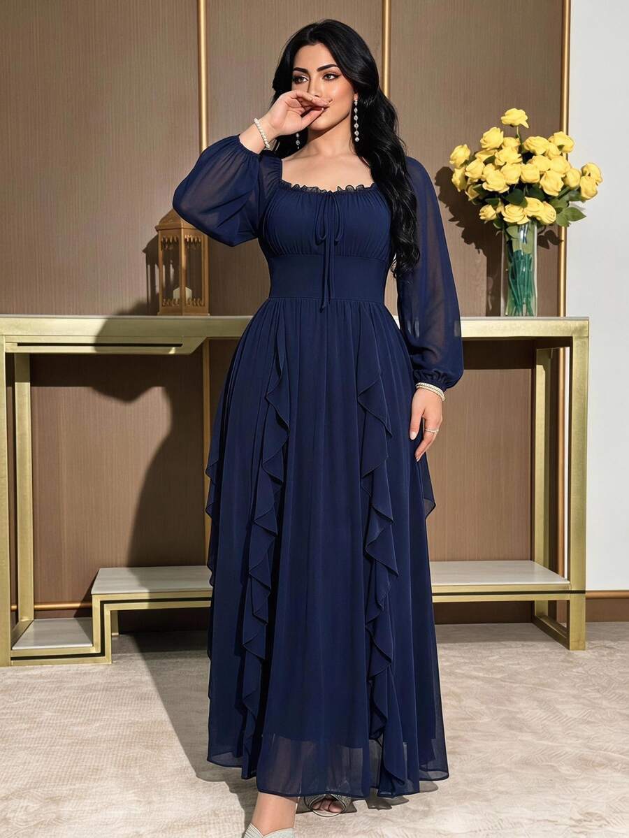 Modelyn 大尺碼女款純色荷葉邊飾方領前綁帶長袖優雅浪漫洋裝,海軍藍,適合婚禮、雞尾酒會、晚宴,秋季穿搭 - 藍色 - 查看 1