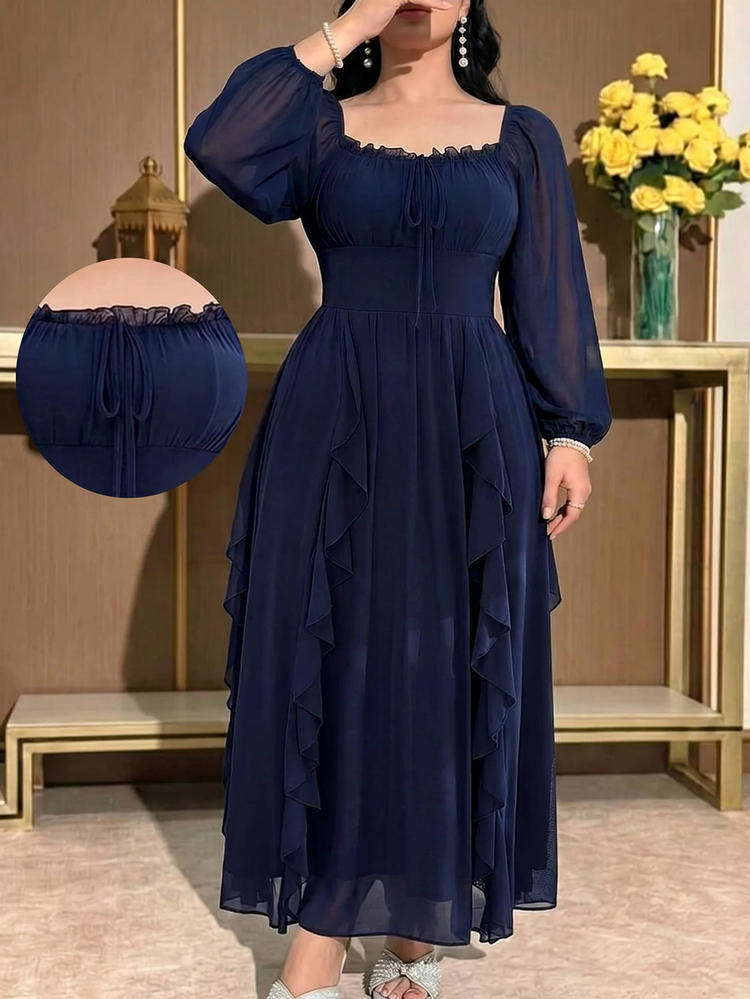 Modelyn Plus Size Women's Solid Color Frill Trim Square Neck Front Tie Long Sleeve Elegant Romantic Dress Wedding Cocktail Party Dinner Navy Blue Fall - Blue - View 6