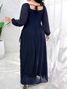 Modelyn 大尺碼女款純色荷葉邊飾方領前綁帶長袖優雅浪漫洋裝，海軍藍，適合婚禮、雞尾酒會、晚宴，秋季穿搭 - 藍色 - 查看 9