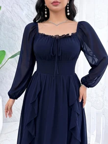 Modelyn 大尺碼女款純色荷葉邊飾方領前綁帶長袖優雅浪漫洋裝，海軍藍，適合婚禮、雞尾酒會、晚宴，秋季穿搭 - 藍色 - 查看 8