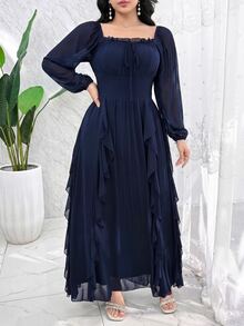 Modelyn 大尺碼女款純色荷葉邊飾方領前綁帶長袖優雅浪漫洋裝，海軍藍，適合婚禮、雞尾酒會、晚宴，秋季穿搭 - 藍色 - 查看 5