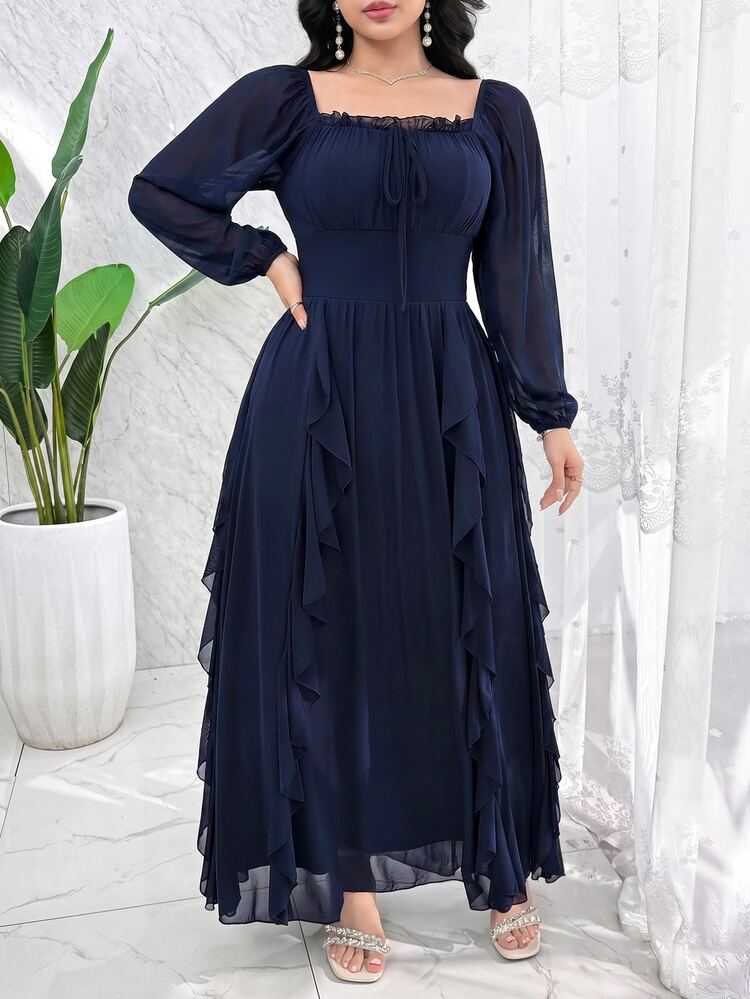 Modelyn Plus Size Women's Solid Color Frill Trim Square Neck Front Tie Long Sleeve Elegant Romantic Dress Wedding Cocktail Party Dinner Navy Blue Fall - Blue - View 5