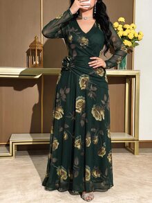 Modelyn 大尺碼女款花卉印花V領長袖3D花朵裝飾優雅星空綠色派對正式秋季洋裝 - 軍綠色 - 查看 3