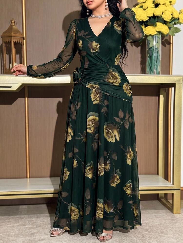 Modelyn Plus Size Women's Floral Print V-Neck Long Sleeve 3D Flower Decor Elegant Dress Green - Army Green - View 4