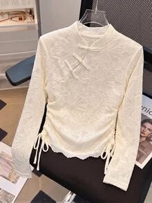 Muvela Women's Elegant Frog Button Lace Drawstring Design Fashion Shirt,Lace Floral Stand Collar Frog Button Flare Sleeve Drawstring Ruched Fitted Blouse - White - View 4