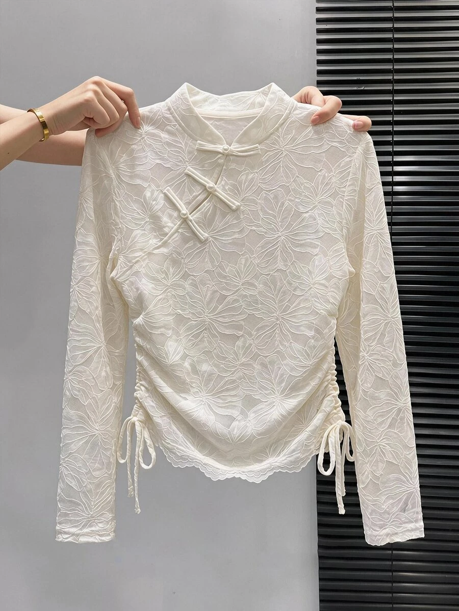 Muvela Women's Elegant Frog Button Lace Drawstring Design Fashion Shirt,Lace Floral Stand Collar Frog Button Flare Sleeve Drawstring Ruched Fitted Blouse - White - View 1