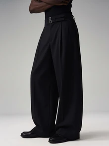 STYNVO Men's Solid Color Pleated Wide Leg Loose Casual Long Pants - Black - View 4