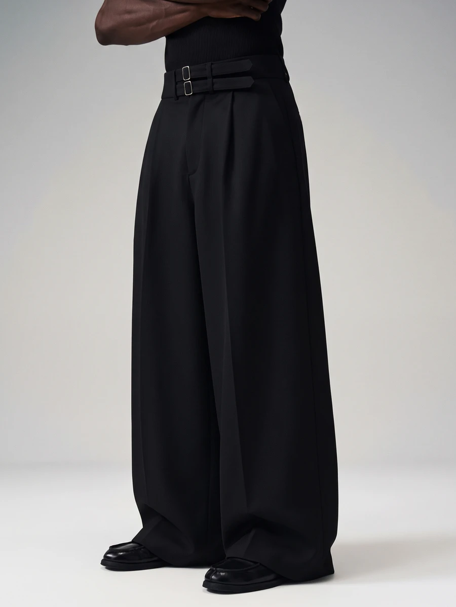 STYNVO Men's Solid Color Pleated Wide Leg Loose Casual Long Pants - Black - View 1