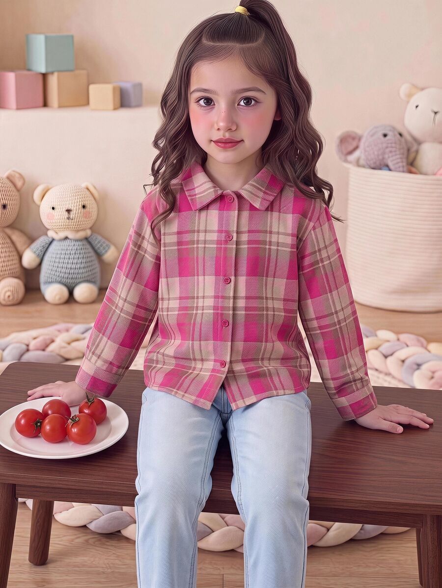 SHEIN 女童格紋休閒韓系清新可愛長袖襯衫 - 彩色 - 查看 1