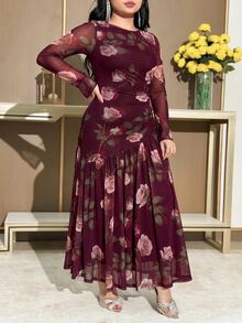 Modelyn Plus Size Women's Floral Print Pleated Casual Celestial Elegant Party Wedding Guest Travel Dress Burgundy Autumn - Multicolor - View 8