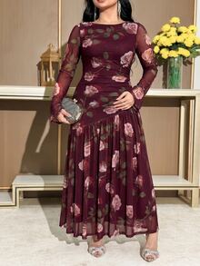 Modelyn Plus Size Women's Floral Print Pleated Casual Celestial Elegant Party Wedding Guest Travel Dress Burgundy Autumn - Multicolor - View 4