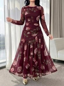 Modelyn Plus Size Women's Floral Print Pleated Casual Celestial Elegant Party Wedding Guest Travel Dress Burgundy Autumn - Multicolor - View 11