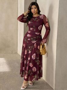 Modelyn Plus Size Women's Floral Print Pleated Casual Celestial Elegant Party Wedding Guest Travel Dress Burgundy Autumn - Multicolor - View 9