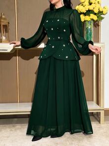 Modelyn Plus Size Women's Faux Pearl Decorated Stand Collar Casual Romantic Elegant Party Wedding Cocktail Formal Dinner Travel Dress Sage Green Fall - Dark Green - View 5