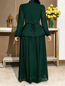 Modelyn Plus Size Women's Faux Pearl Decorated Stand Collar Casual Romantic Elegant Party Wedding Cocktail Formal Dinner Travel Dress Sage Green Fall - Dark Green - View 2