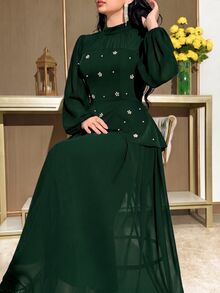 Modelyn Plus Size Women's Faux Pearl Decorated Stand Collar Casual Romantic Elegant Party Wedding Cocktail Formal Dinner Travel Dress Sage Green Fall - Dark Green - View 4