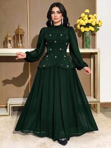 Modelyn Plus Size Women's Faux Pearl Decorated Stand Collar Casual Romantic Elegant Party Wedding Cocktail Formal Dinner Travel Dress Sage Green Fall - Dark Green - View 1