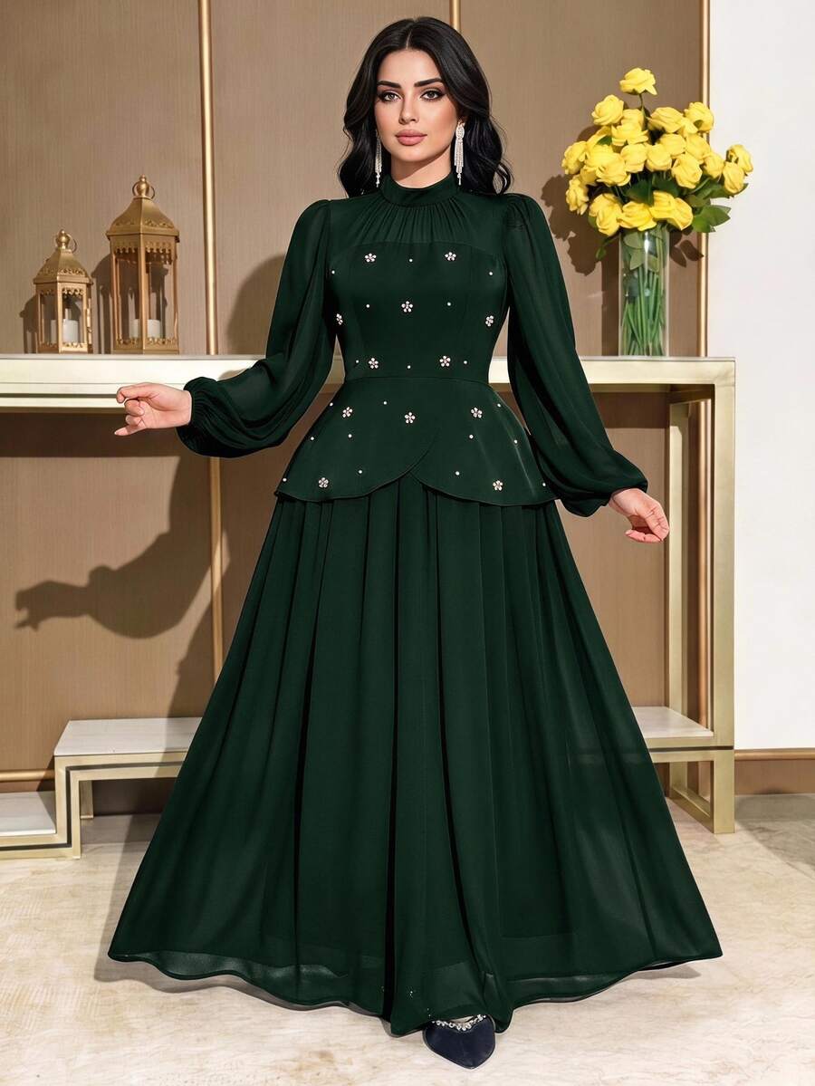 Modelyn Plus Size Women's Faux Pearl Decorated Stand Collar Casual Romantic Elegant Party Wedding Cocktail Formal Dinner Travel Dress Sage Green Fall - Dark Green - View 1