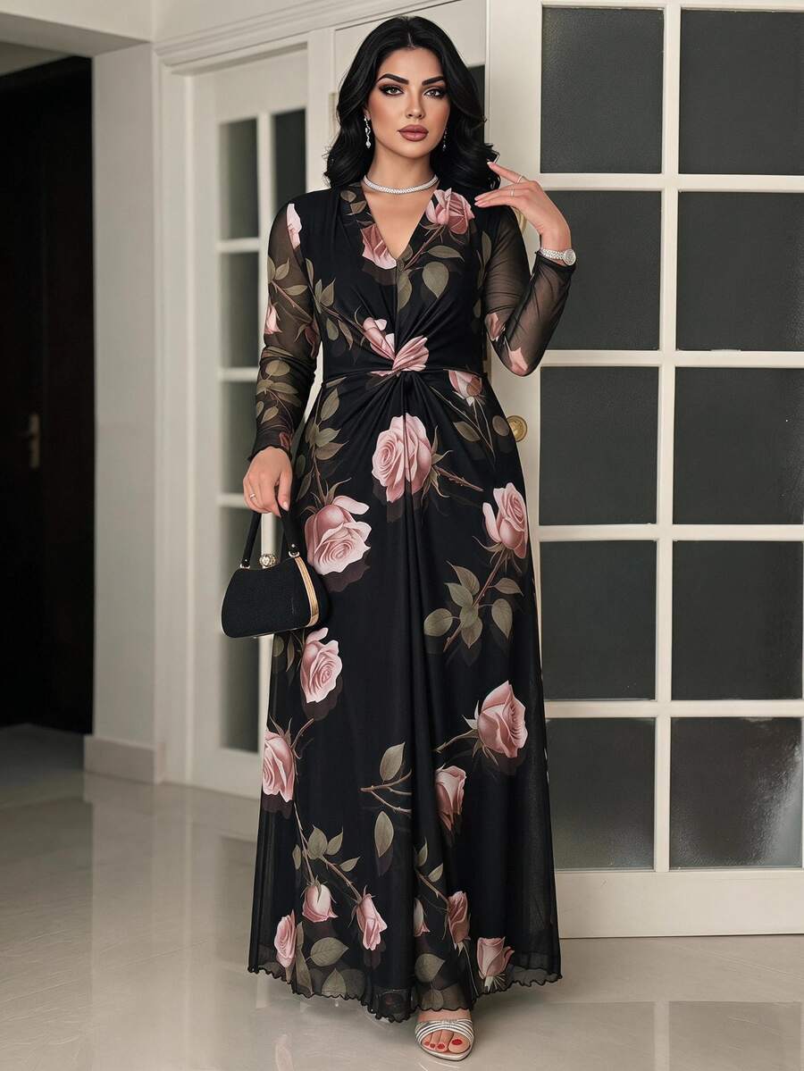 Modelyn Plus Size Women's Floral Print Long Sleeve Elegant Dress - Multicolor - View 1