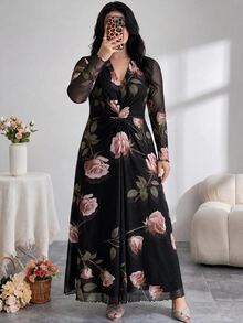 Modelyn Plus Size Women's Floral Print Long Sleeve Elegant Dress - Multicolor - View 3
