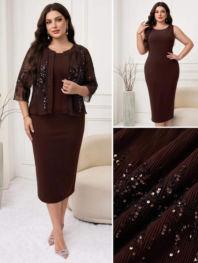 Modelyn Plus Size Elegant Party Sequin Jacket & Dress 2 Pieces Set - Rust Brown - View 1