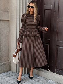 Serisse Women Cotton Striped Two Pieces Set Elasticity Smocked Ruffle Hem Lantern Sleeve Top And Long Skirt Round Neck Elegant Casual Fall Outfit - Blue - View 9