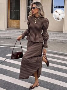 Serisse Women Cotton Striped Two Pieces Set Elasticity Smocked Ruffle Hem Lantern Sleeve Top And Long Skirt Round Neck Elegant Casual Fall Outfit - Blue - View 6