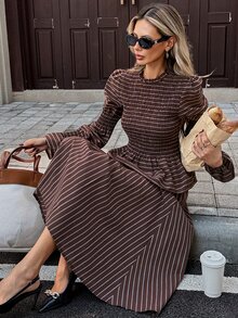 Serisse Women Cotton Striped Two Pieces Set Elasticity Smocked Ruffle Hem Lantern Sleeve Top And Long Skirt Round Neck Elegant Casual Fall Outfit - Blue - View 5