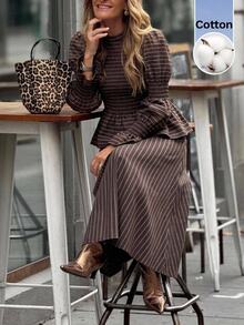 Serisse Women Cotton Striped Two Pieces Set Elasticity Smocked Ruffle Hem Lantern Sleeve Top And Long Skirt Round Neck Elegant Casual Fall Outfit - Blue - View 4
