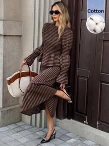 Serisse Women Cotton Striped Two Pieces Set Elasticity Smocked Ruffle Hem Lantern Sleeve Top And Long Skirt Round Neck Elegant Casual Fall Outfit - Blue - View 13