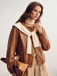 Briarwyn Fall /Winter Women's Solid Color Faux Pu Zipper Dual Pocket Fashionable Elegant Casual Design Jacket Everyday Going Out Light Brown Autumn,Caramel - Brown - View 7
