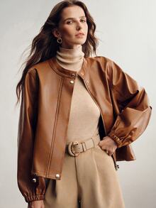 Briarwyn Fall /Winter Women's Solid Color Faux Pu Zipper Dual Pocket Fashionable Elegant Casual Design Jacket Everyday Going Out Light Brown Autumn,Caramel - Brown - View 4
