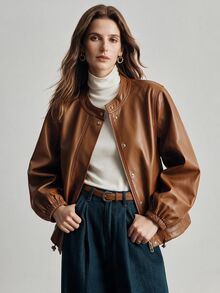 Briarwyn Fall /Winter Women's Solid Color Faux Pu Zipper Dual Pocket Fashionable Elegant Casual Design Jacket Everyday Going Out Light Brown Autumn,Caramel - Brown - View 1