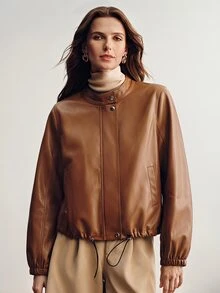 Briarwyn Fall /Winter Women's Solid Color Faux Pu Zipper Dual Pocket Fashionable Elegant Casual Design Jacket Everyday Going Out Light Brown Autumn,Caramel - Brown - View 5