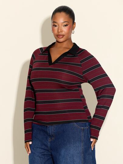 FASHION SZN Plus Size Ribbed Striped Collared Top Trending Rugby Top Trending Burgundy Colour New Season Autumn Winter Fashion Preppy Sporty Casual Fitted Style Curve Long Sleeve Top Fall Fashion For Women Plus Size Long Sleeve T-Shirt