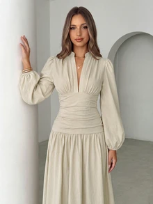 Siren Gaze Women's Solid Color Pleated Casual Party Dress - Ivory White - View 6