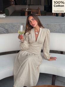 Siren Gaze Women's Solid Color Pleated Casual Party Dress - Ivory White - View 14