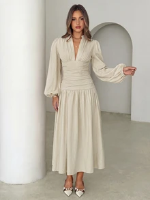 Siren Gaze Women's Solid Color Pleated Casual Party Dress - Ivory White - View 5