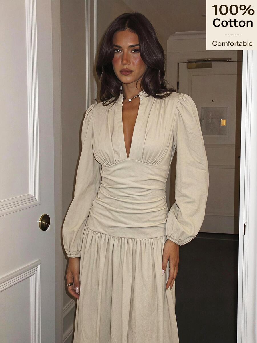 Siren Gaze Women's Solid Color Pleated Casual Party Dress - Ivory White - View 1