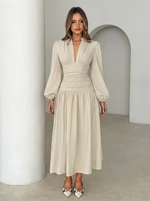 Siren Gaze Women's Solid Color Pleated Casual Party Dress - Ivory White - View 4