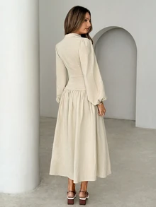 Siren Gaze Women's Solid Color Pleated Casual Party Dress - Ivory White - View 3