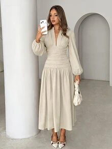 Siren Gaze Women's Solid Color Pleated Casual Party Dress - Ivory White - View 7