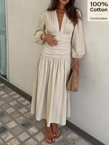 Siren Gaze Women's Solid Color Pleated Casual Party Dress - Ivory White - View 10