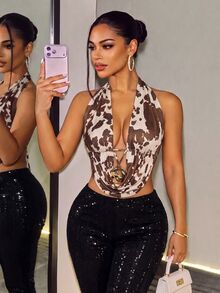 BamGleam Autumn Retro Cowgirl Sexy V-Neck Milk Pattern Slim Vest Lace-Up Design Bohemian Style Vacation Beach Outing Party Club Fashionable Unique Top - Multicolor - View 9
