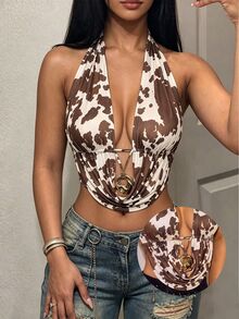 BamGleam Autumn Retro Cowgirl Sexy V-Neck Milk Pattern Slim Vest Lace-Up Design Bohemian Style Vacation Beach Outing Party Club Fashionable Unique Top - Multicolor - View 5