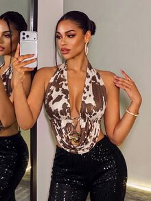 BamGleam Autumn Retro Cowgirl Sexy V-Neck Milk Pattern Slim Vest Lace-Up Design Bohemian Style Vacation Beach Outing Party Club Fashionable Unique Top - Multicolor - View 6