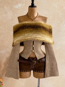Soleia Fashionable Retro Vintage Gradient Patchwork Off-Shoulder Bell Sleeve Sweater Thanksgiving Brunch Going Out Beige Fall,Autumn,Dates,Sweet - Apricot - View 1