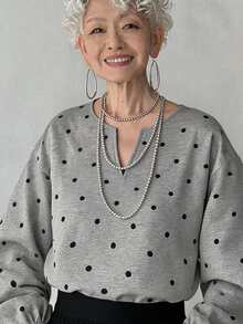 FRIFUL Women's Korean Autumn Polka Dot Long Sleeve T-Shirt For Middle-Aged And Elderly - Grey - View 8