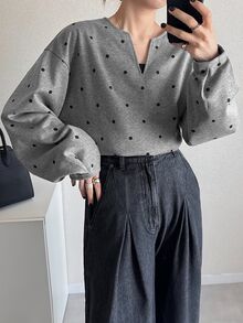 FRIFUL Women's Korean Autumn Polka Dot Long Sleeve T-Shirt For Middle-Aged And Elderly - Grey - View 5