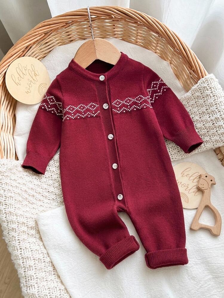 Cozy Pixies Newborn Knit Round Neck Burgundy Crawl Suit, Suitable For Autumn/Winter,The First Christmas Baby - Burgundy - View 2